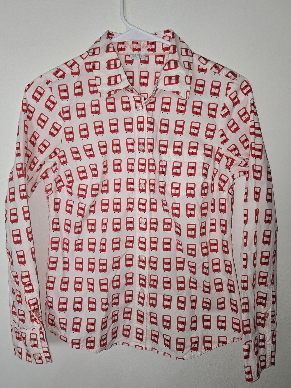 Boden White Red Double Decker Bus Print Button Down Shirt Long Sleeve- Size 4P